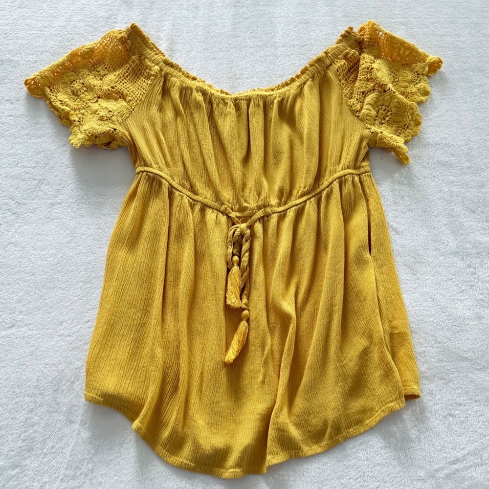 Blush Mustard Yellow Crochet Lace Off Shoulder Peplum Boho Tassel Top Small